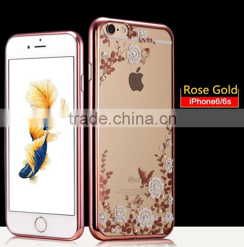 Hot Selling Luxury Garden Style Crystal Clear Soft TPU Diamante Eletroplated Case for Iphone 6