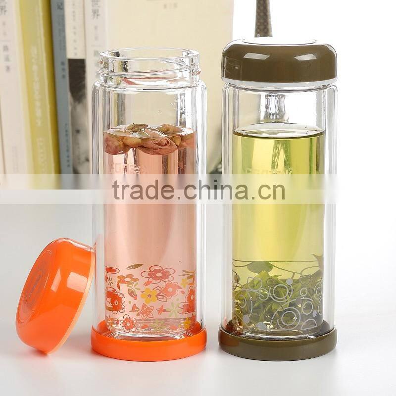 280ml Transparent Custom Double Wall Heat-resistant Tea Cup Portable Pyrex Glass Water Bottle