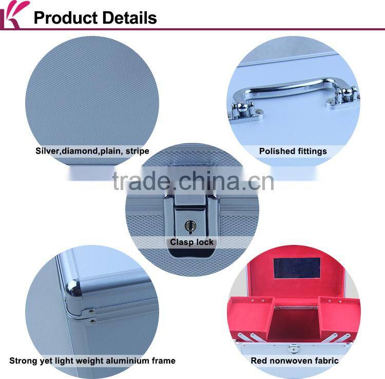Fashion Aluminum Frame Silver Nail Polish Carrying ABS Jewelry Case With Mirror