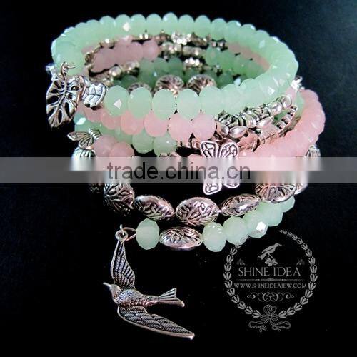 vintage antiqued silver rose flower leaf butterfly bird ice green pink beads 2 layers fashion wiring bangle bracelet 6490051