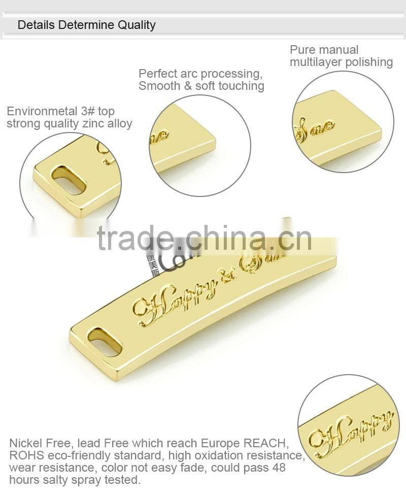 Design zinc alloy bag accessory arc shape gold custom metal zipper puller
