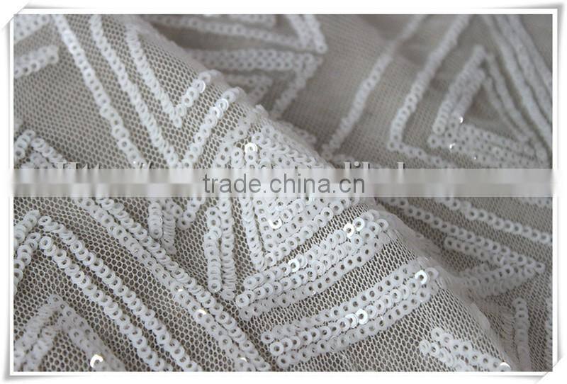 Latest white sequin mesh fabric, wholesale sequin polyester mesh fabric
