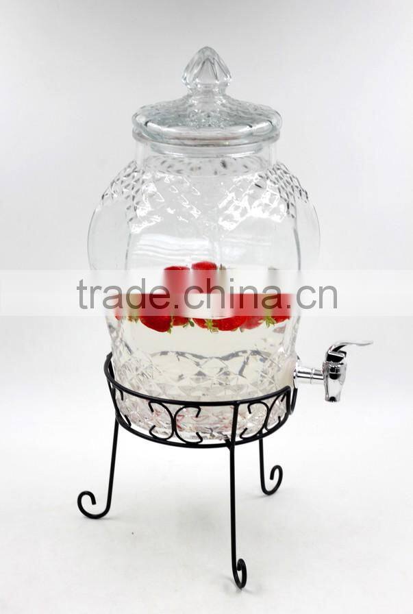 Glass Beverage Dispenser Water bottle with iron stand glass lid 6L