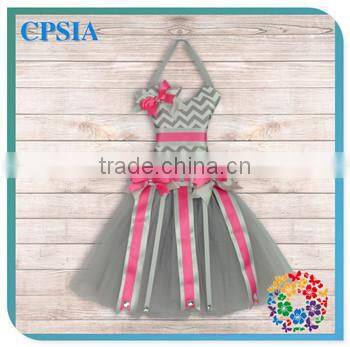 Grey Chevron Striped Rhinestone ribbon bow holder Pink Tulle Pettiskirt Beautiful Party Tutus dresses Decoration for Boutique