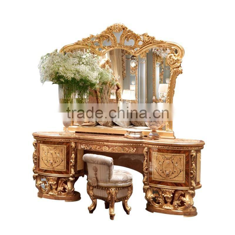 momoda Royal European Antique gold baroque solid wood carved bedroom dresser with mirror set Louis XVI home furniture