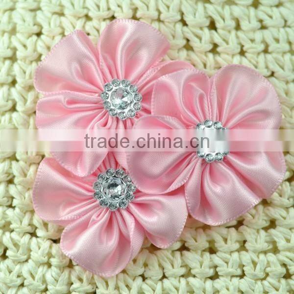 handmade satin flower with rhinestone center for kids hair accessories