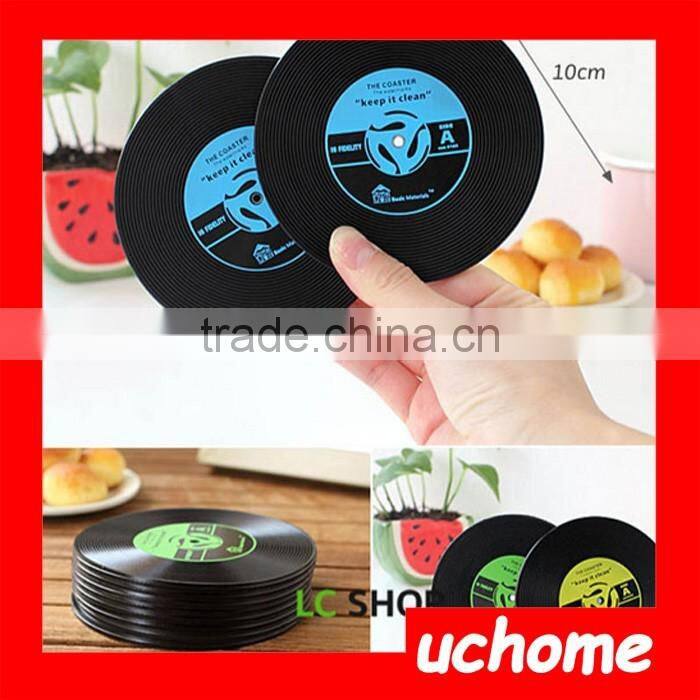 UCHOME 6pcs/ Set Novelty Vinyl Silicone Record Retro CD Type Drink Coasters Cup Mats