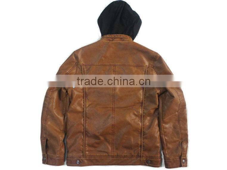 PQM-03 PU jacket with hood for men garment wash
