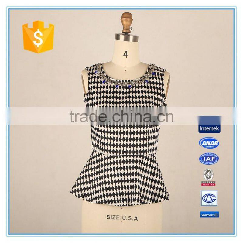 Elegant Ladies Modern Check Sleeveless Blouse Design With Jewel Neck Designs Flounce Hem