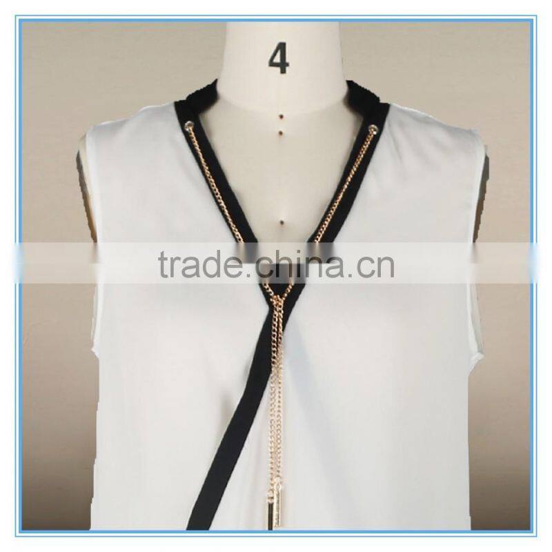 Tops For Women 2016 Cross Over Sleeveless Chiffon Blouse Cheap With Gold Chain