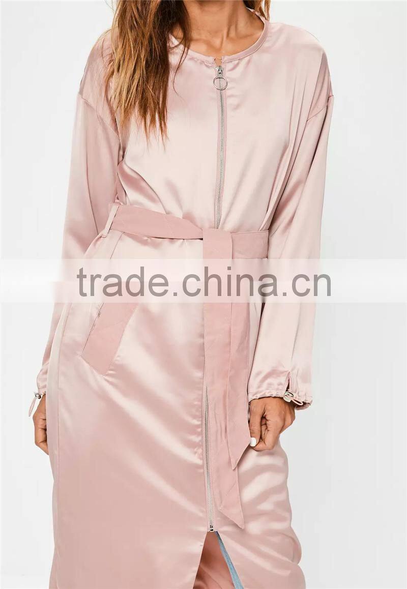 MGOO 2017 New Arrival Long Sleeves Custom Silky Duster Coat Women Pink Zip Up Jackets Spring Satin Blazers