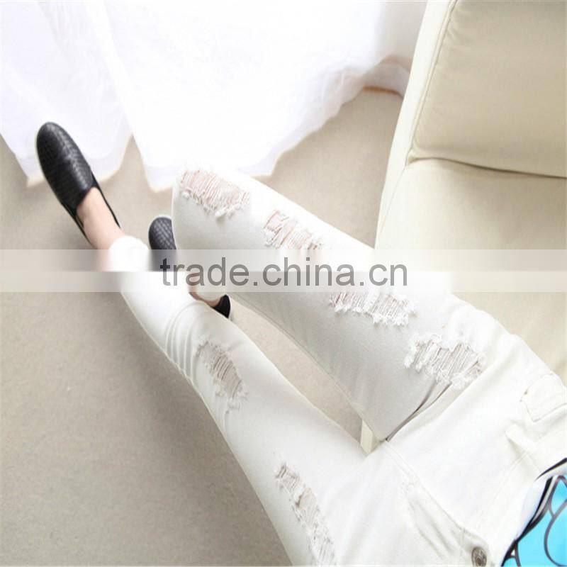 New Women's Fashion Straight Jeans Ripped Holes Female Long Term Mid Waist Cotton Washed Denim Pants