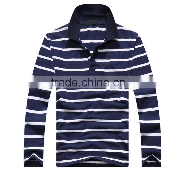 2016 hot sale custom 100% cotton long sleeve mens stripe polo shirts with pocket