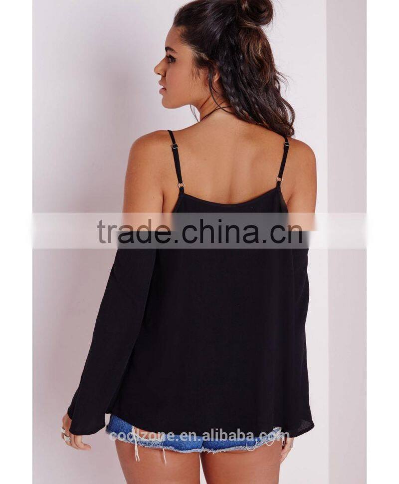 Latest design open shoulders thin straps woman blouse