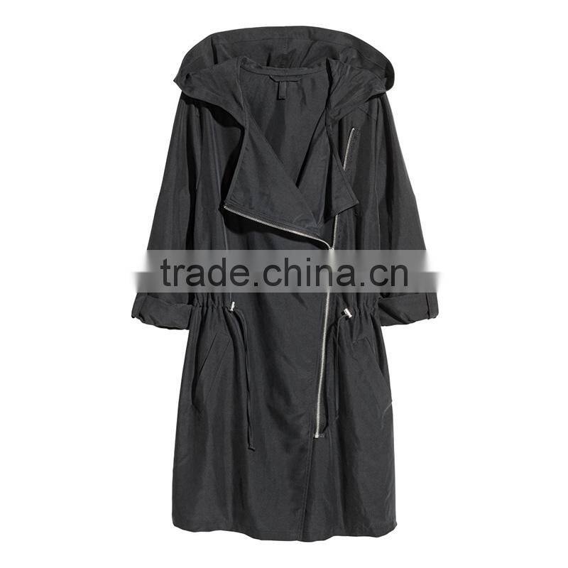Hooded parka diagonal zip drawstring waist womens long warm jackets