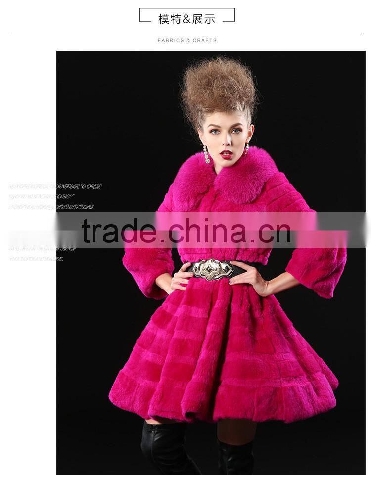 2017 real animal fur woman overcoat knit Rex rabbit fur with fox fur collar