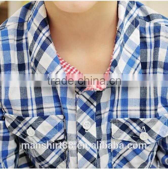 2016 two pockets long sleeve checked boys shirts
