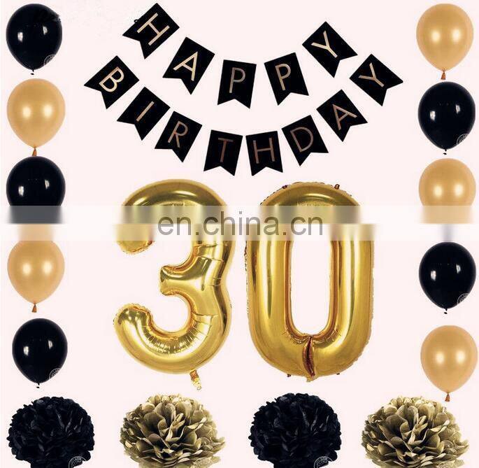 Customized Gold Number Balloon with Happy Birthday Paper Banner Pom Poms Party Decoration Kit Shower Backfrop 17pcs/set