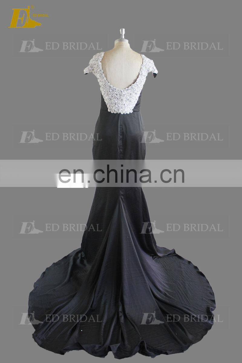 Elegant Cap Sleeve Beaded Court Train Black Long Evening Dress For Fat Women