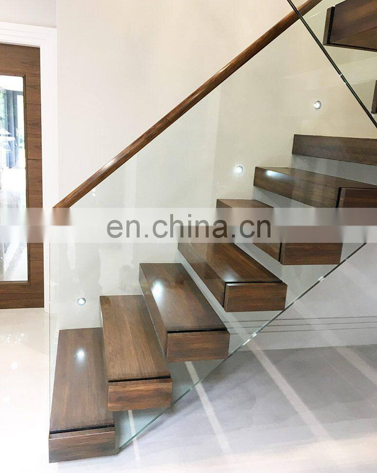 Wood Straight Staircase For Tempered Glass Railing