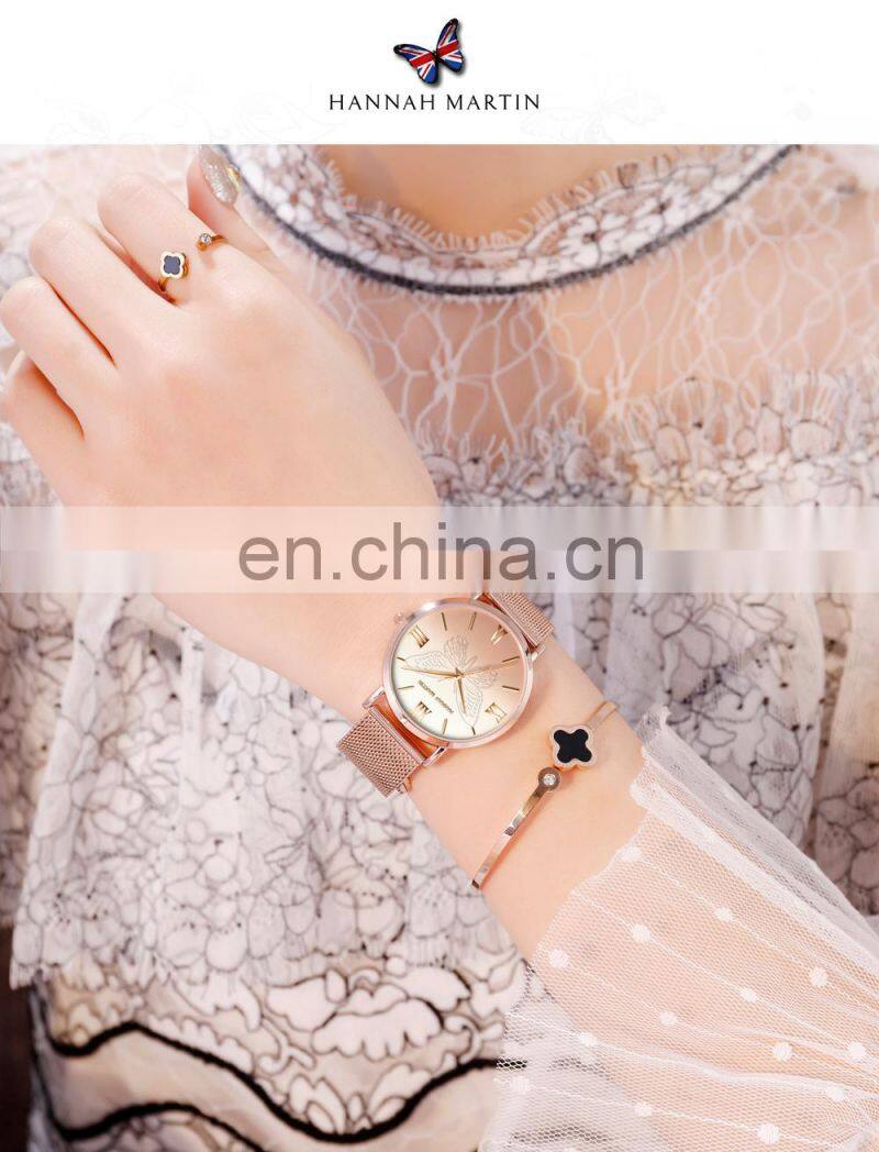 Hannah Martin 13620 Women Watch Luxury 3D Butterfly Rose Gold Mesh Strap Japanese Movement Waterproof Quartz Women Wristwatch