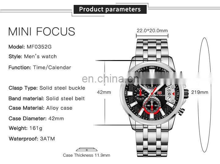 Mini Focus MF0352G Big Screen Chronograph Quartz Watches Luxury Water Proof Mens Watch Gift Set