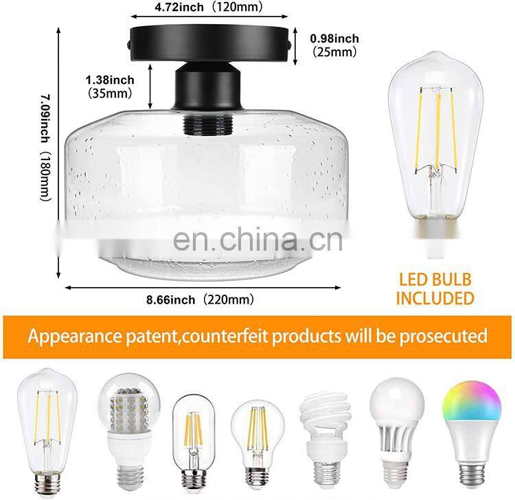 Industrial Semi Flush Mount Ceiling Light Clear Glass Shade Ceiling Light Fixture Matte Black Finish Modern Farmhouse