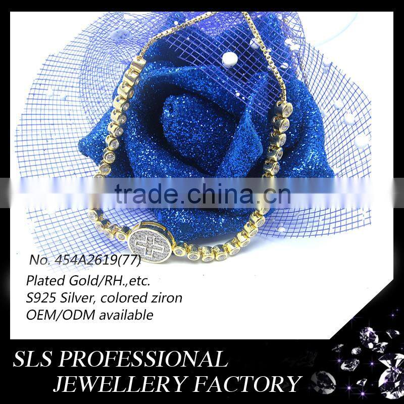 2015 Latest special design yellow gold plated 925 silver CZ paving setting cheap cross inside bracelets for American market