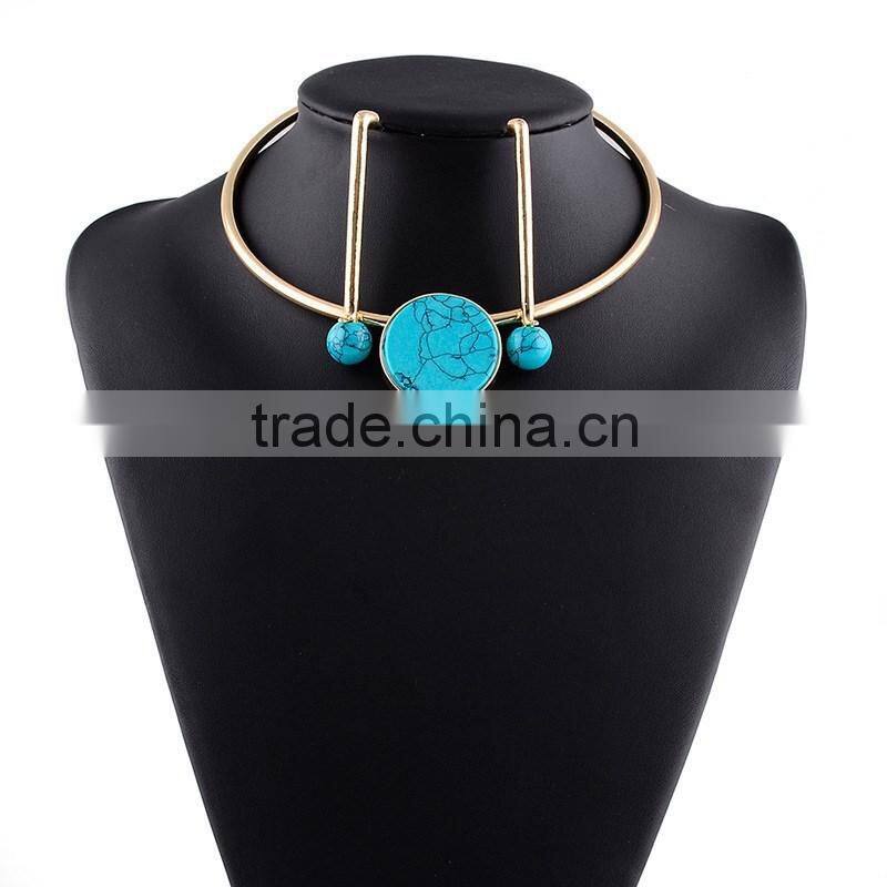 Fashionable Turquoise Jewelry Gold Choker Earrings Necklace Set