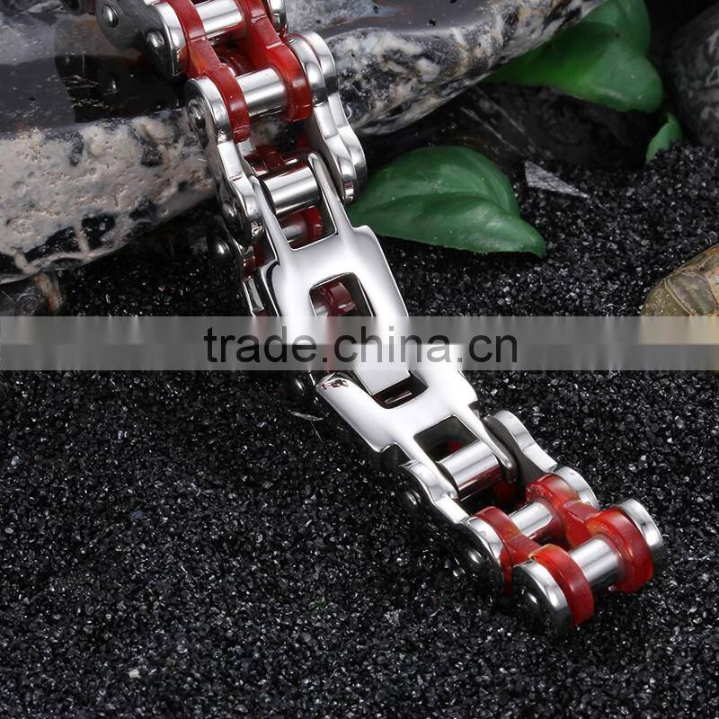 Motorcycle Bike Chain Bangle Design Stainless Steel Silver Red Plated Unisex Bracelet