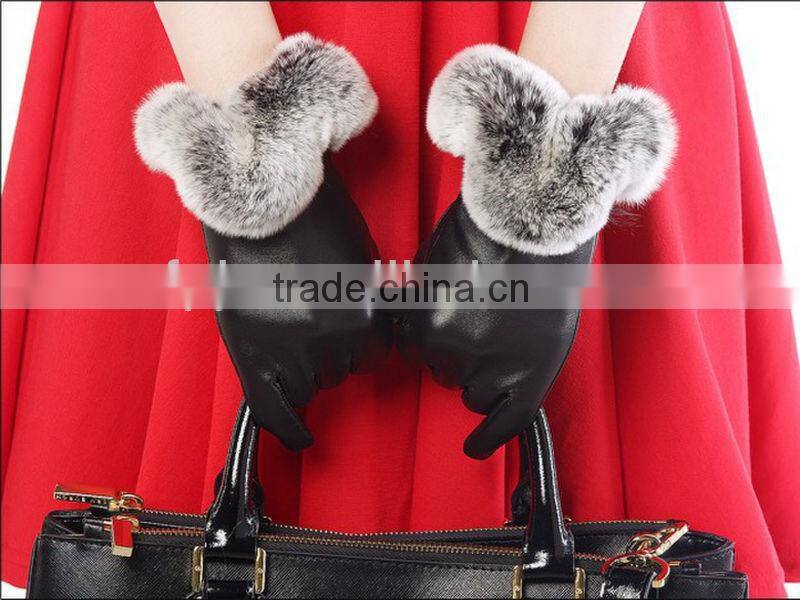Fashion women winter rabbit fur lined leather gloves