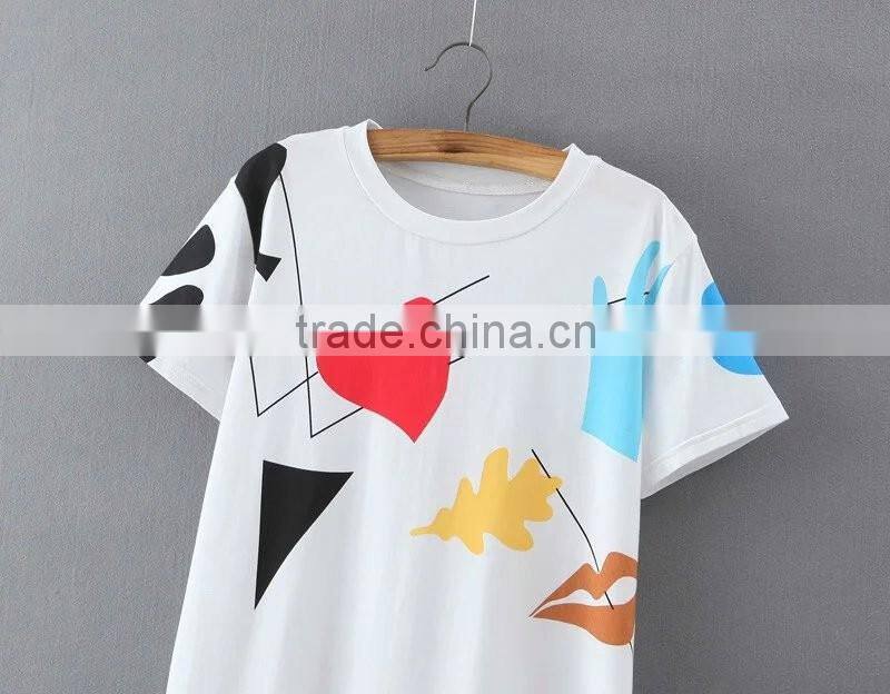 2016 spring summer new fashion printed cotton t shirt of women clothing printed white lady t-shirt