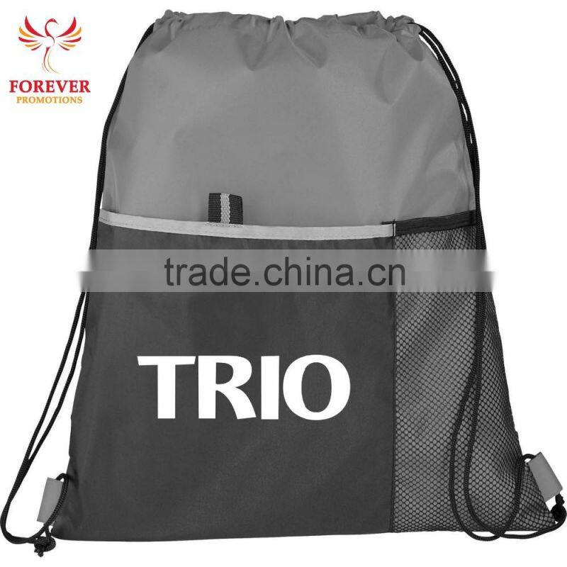 Cheap Customized Promotional Men Plain Double Front Mesh Pocket 210D Polyester Sports Drawstring Closure Backpack Travel Bags