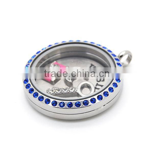 Best seller bule crystal stones stainless steel floating memory magnetic picture locket pendant jewelry