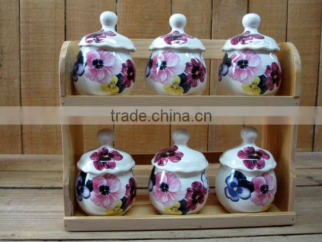 Fresh Decal Ceramic Kitchen Food Canisters Set with Wooden Stand