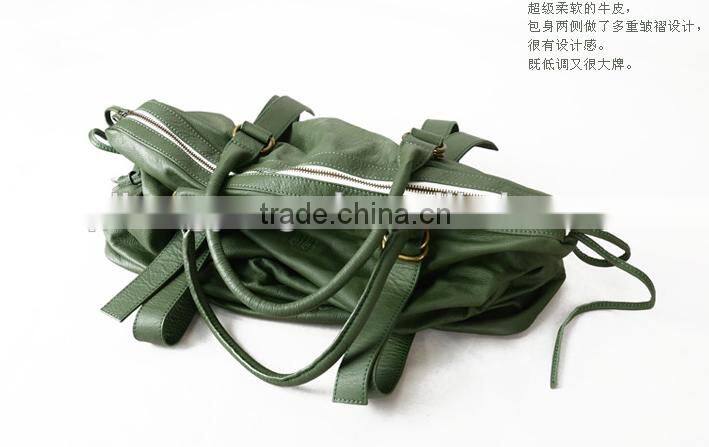Green genuine leather handle bag travel kit bag customised women tote bag