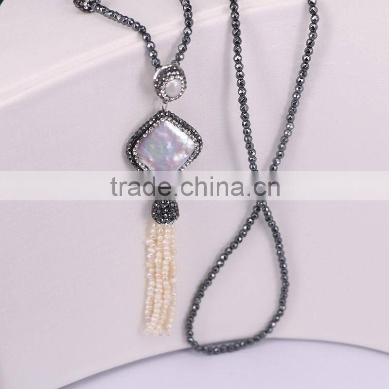 Freshwater Pearl with Imitation Pearl Tassel Pendant Necklace, Pave Rhinestone Beads Hematite Beaded Necklace
