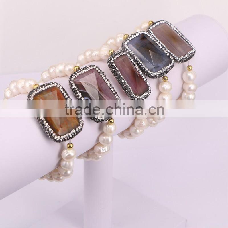 Natural Freshwater Pearls Beaded Jewelry Bracelets, Pave Crystal Agate Gem stone Connector Druzy Bracelet For Women