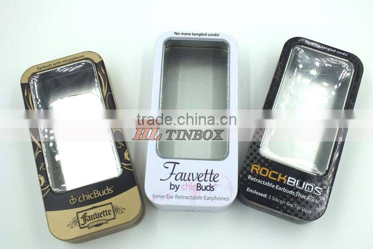 Rectangular Earphone Tin Boxes/Tin Cans with PVC PET Window