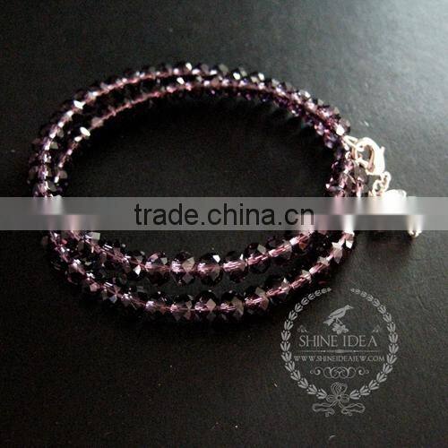 silver flower charm purple,champagne colour crystal faceted glass beads 2 layers wiring bangle fashion bracelet 6490053