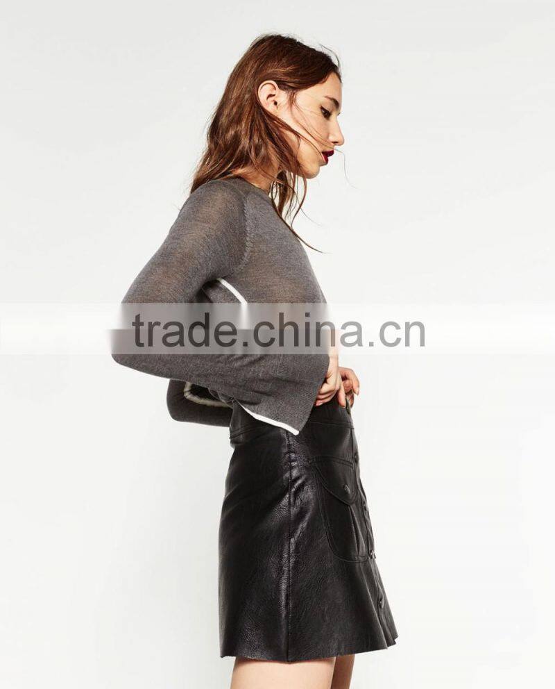 Black Leather pocket design structure skirts ladies, Mini skirts 2016