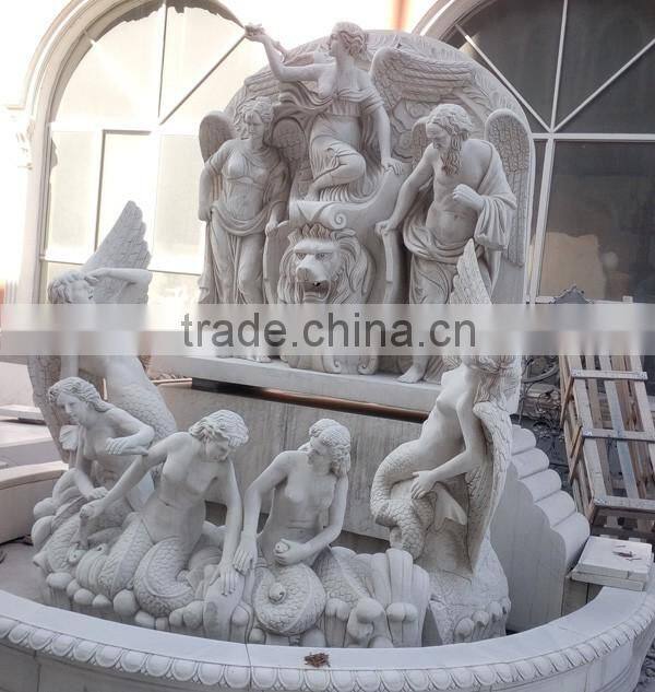 White Marble Carved Angel Wall Water Fountain with Lion Head