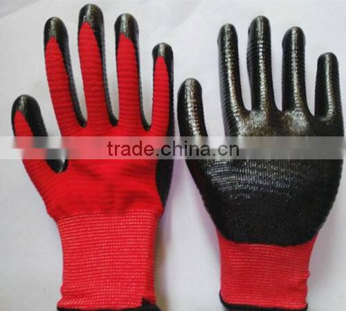 BSSAFETY Black nitrile coated red nylon knitted safety gloves, zebra nitrile hand protection work gloves