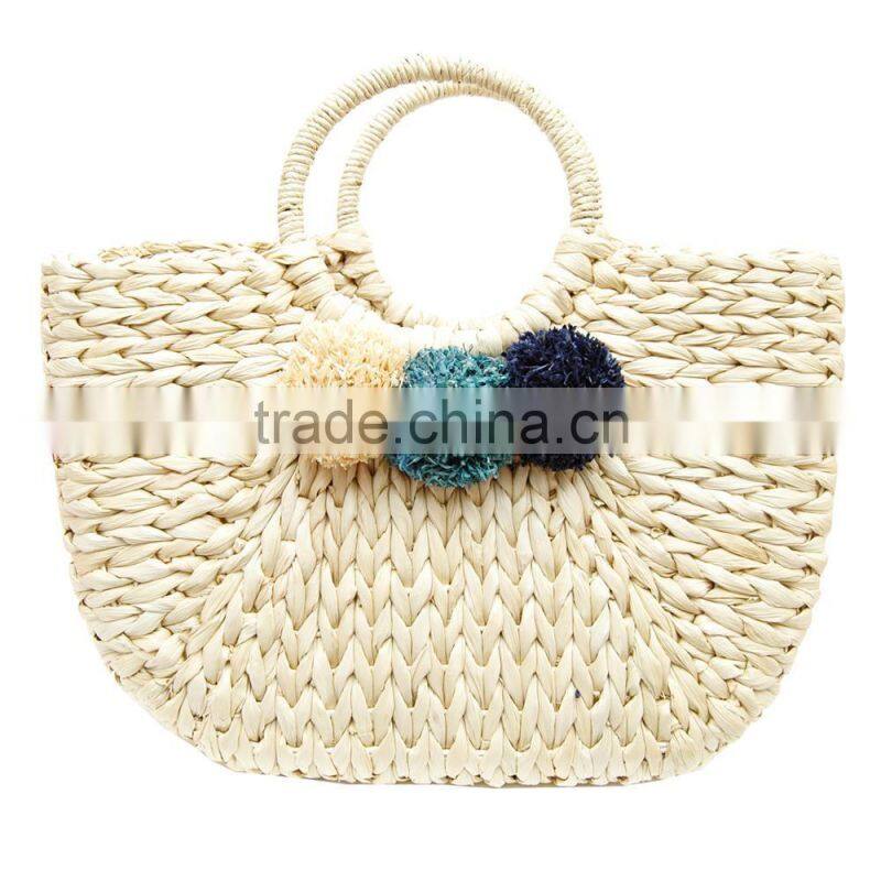 Water hyacinth pompom beach bag/ handbag with pompom