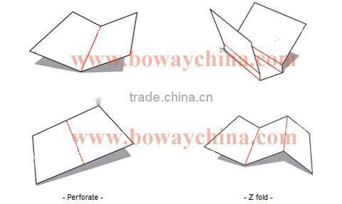 Crease up to 400 GSM (120lb.cover) Up to 10 creases in one pass 4000 sheets per hour 6 custom RAM Boway Digital Creasing Machine