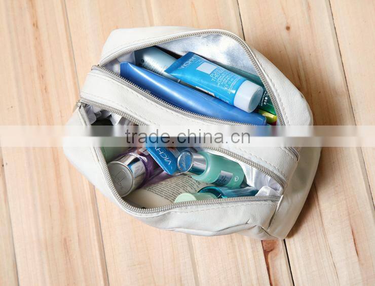 Elegant PU women handbags cosmetic purse white leather toiletry pouch with two large compartment