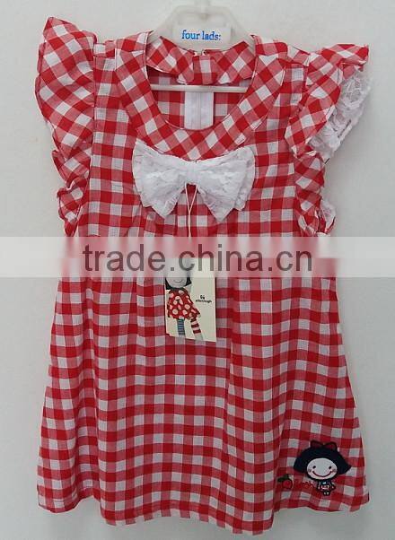 cute girls red and white grid dress with embroidered for summer