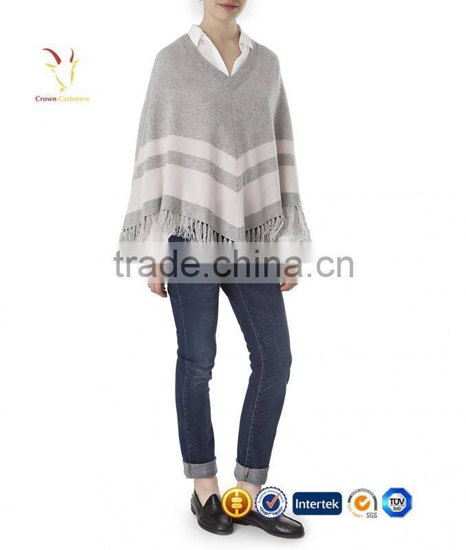 Strips and Tassel Knitted Cashmere Poncho Shawl