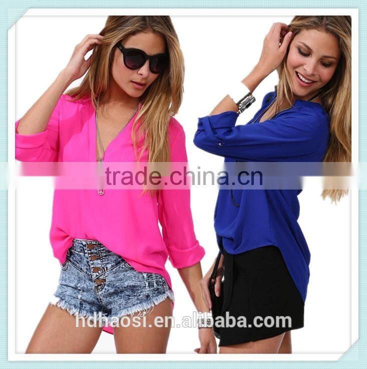 Customized New Fashion Cheap long sleeved Chiffon Blouse Women's Loose Casual Sexy Chiffon V-Neck Blouse shirts