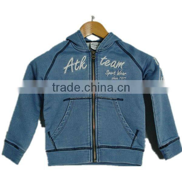 high quality mid blue jean jacket with hoodie for children